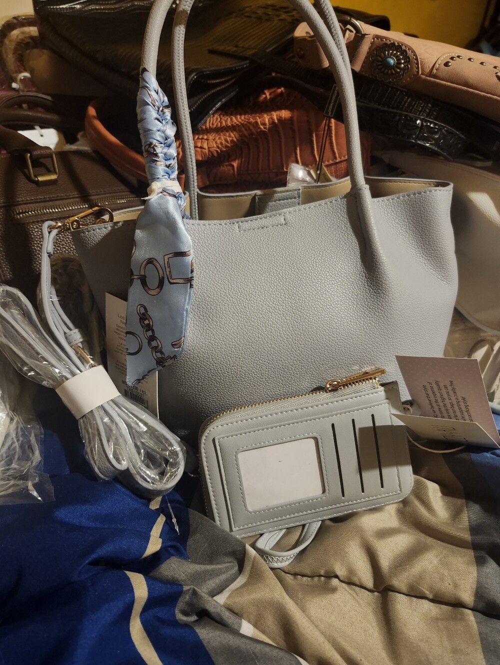 Classic Light Gray Bluish Tote Bag with Cardholder